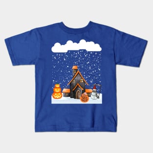 Creepy snowman spooky hut lots of snowflakes snow pumpkin Halloween Kids T-Shirt